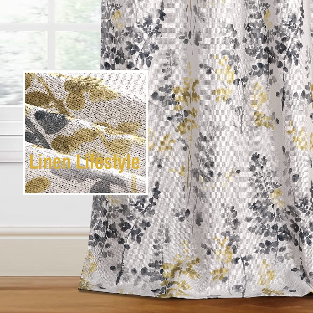 H.VERSAILTEX Linen Blackout Curtains 63 Inches Long Thermal Insulated Room Darkening Linen Curtains for Bedroom Textured Burlap Grommet Window Curtains for Living Room, 2 Panels, Grey and Yellow